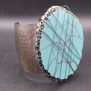 Hammered Silver Tone Cuff Large dyed Blue Howlite Stone